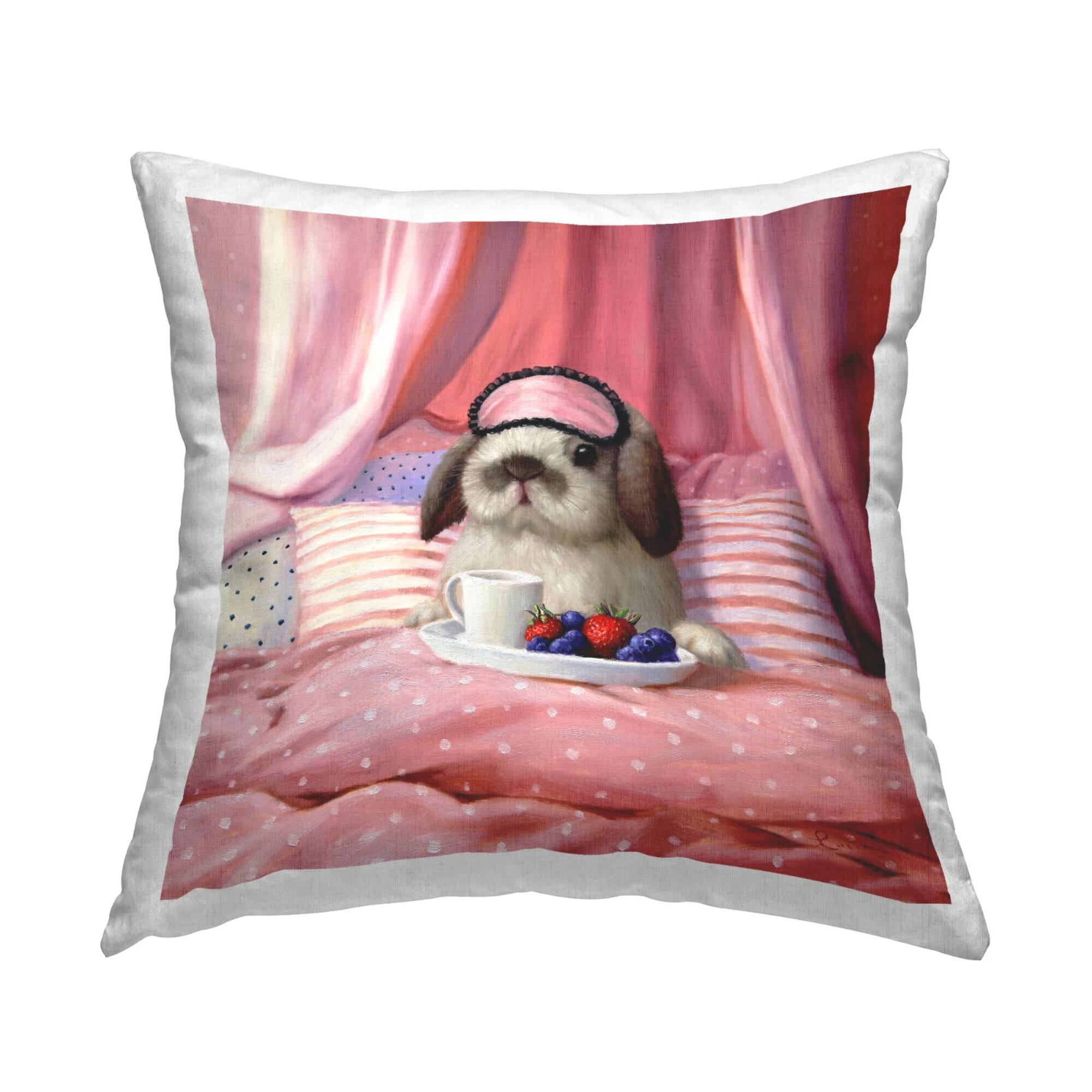 Stupell Industries Adorable House Bunny Rabbit Breakfast In Bed Pink Throw Pillow 18" x 18"